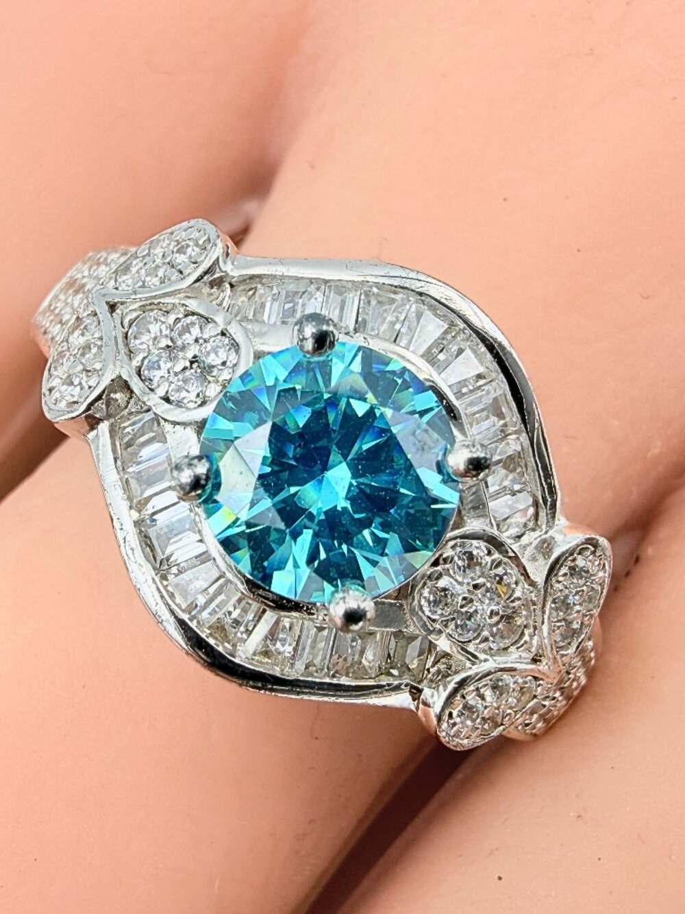 Enchanting Marked Art Deco Style Sterling Silver Blue CZ Ring Sz 11